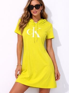 Calvin Klein Neon Yellow Hoodie Dress Size L | Logo | Casual Sport Mini Dress